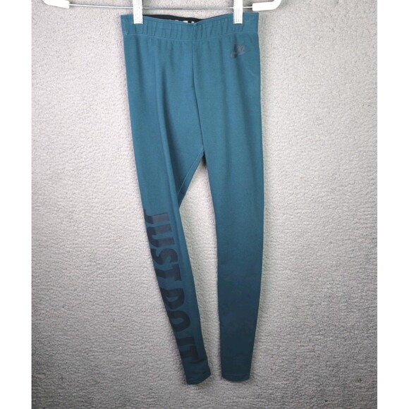 Nike Leggings Womens XS Green Black Spellout Slimming Stretchy Activewear Logo - Picture 1 of 8